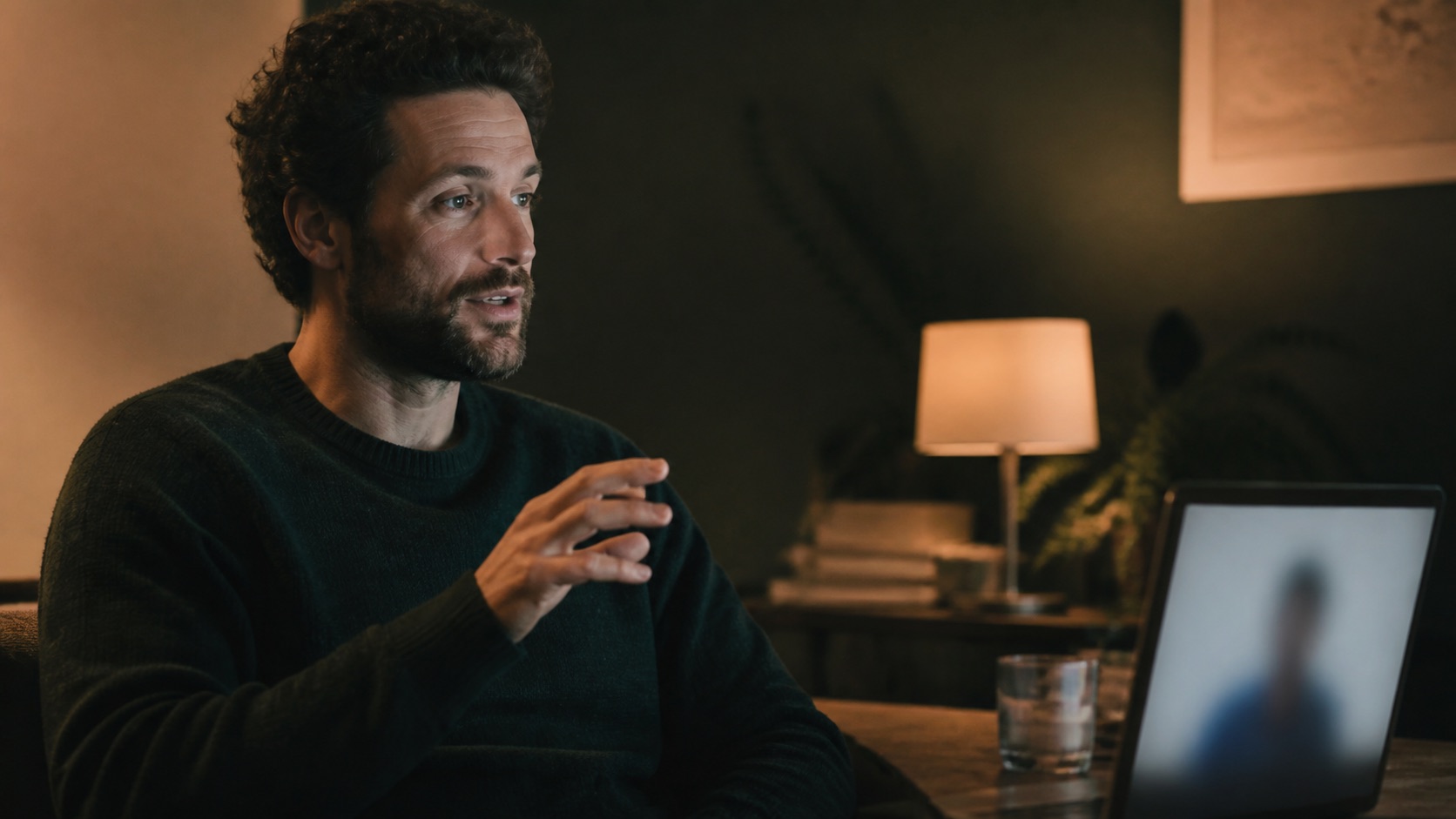 A person immersed in a spoken conversation with a voice on screen