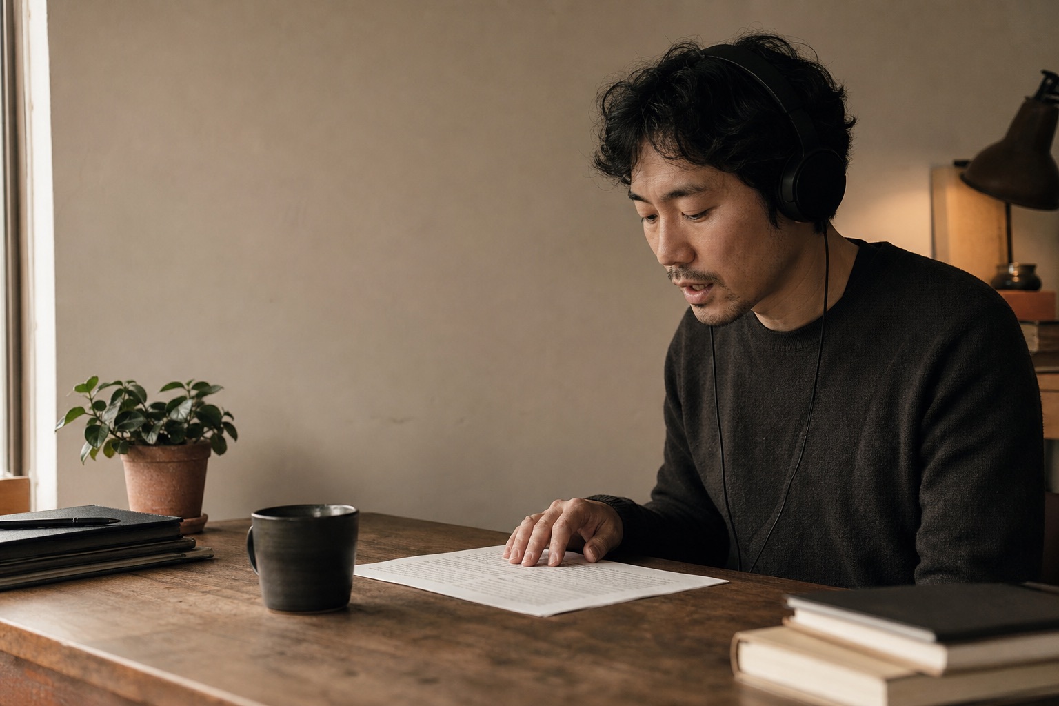 A language learner wearing headphones and reading a chosen passage aloud