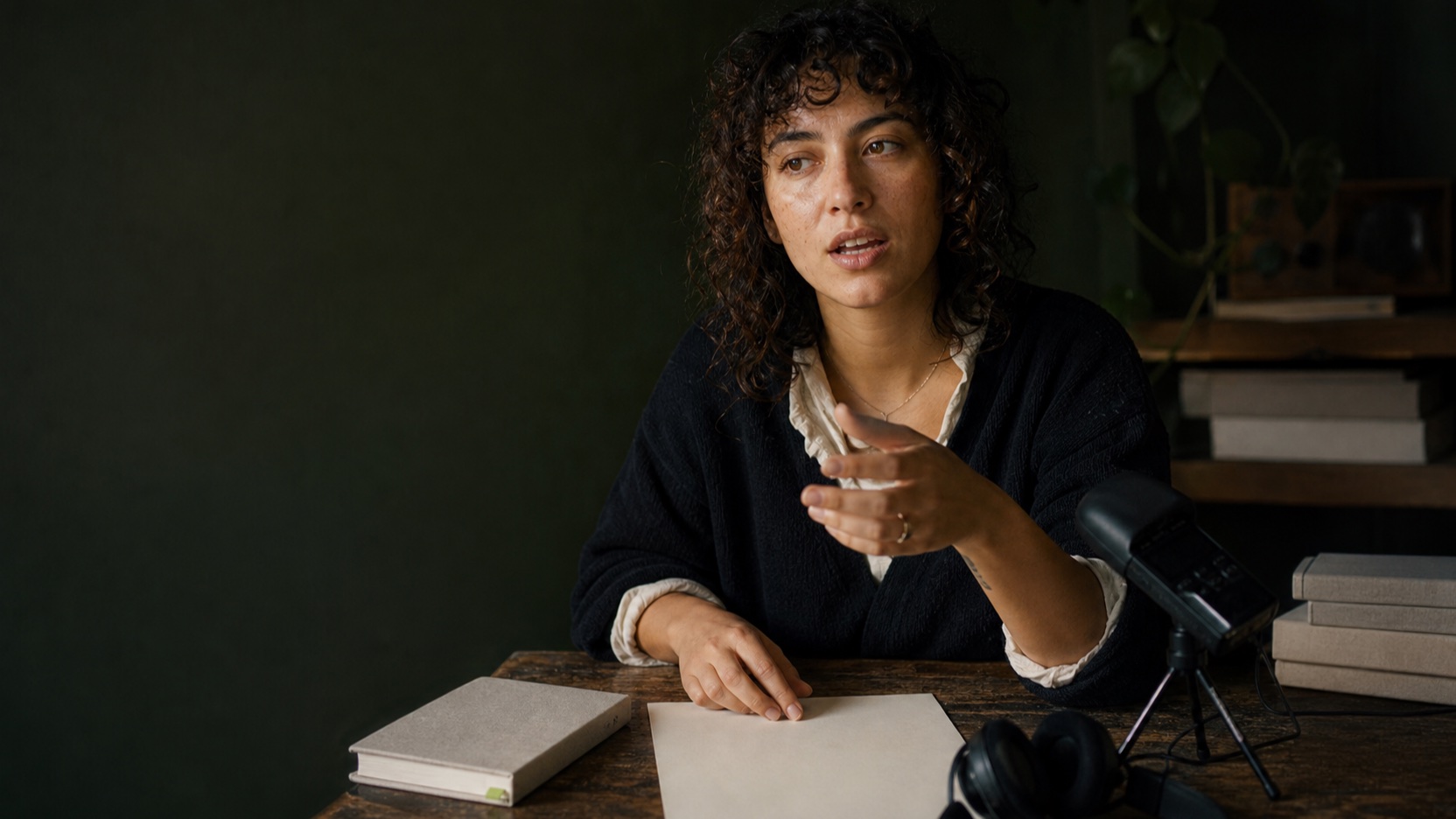 A creative speaking through an idea at a studio desk