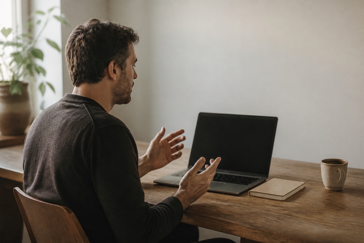 A person dictating at a laptop with their hands away from the keyboard