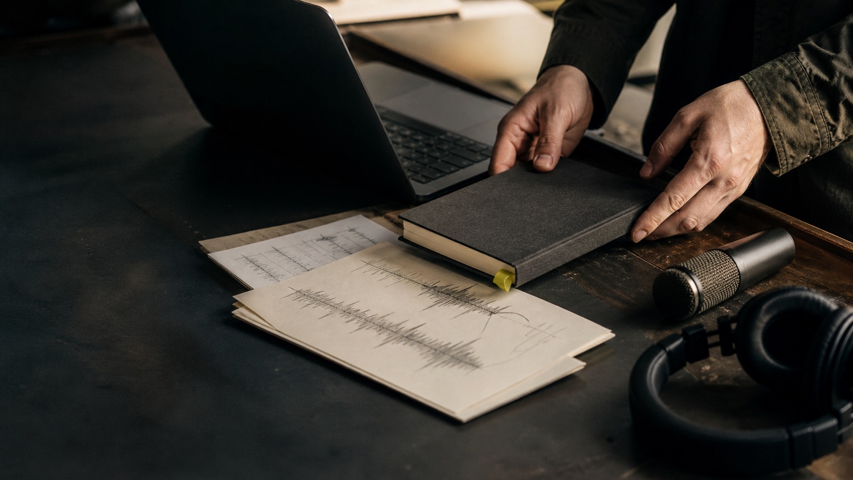 Hands arranging a notebook, microphone, and headphones on a studio workbench